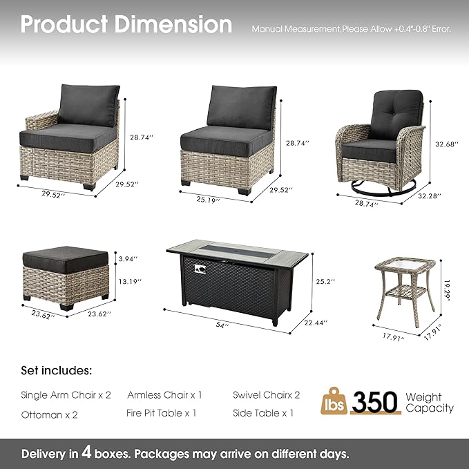Rattan Patio Furniture Set with Fire Pit Table,9 Pieces Outdoor Sectional with Swivel Chairs Ottoman,Out Door Furniture Conversation Set,Black