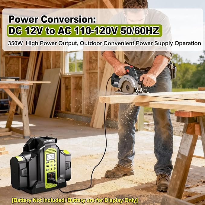 Power Inverter 2 Port for Ryobi 18V Battery, 350W Power Battery Inverter Pure Sine Wave, DC 18V to AC 120V and USB-A & USB-C Output Port for Camping, Jobsite, Emergency Backup (Tool Only)