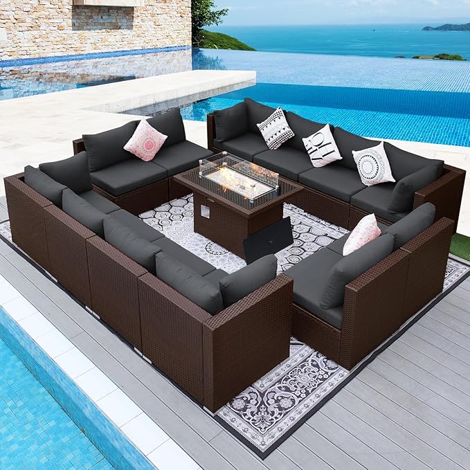 NICESOUL 13 Piece Patio Furniture w/Fireplace, Elegant Outdoor Seating w/Firepit, XL 29.3'' High Back Sectional Sofa, All-Weather Rattan Deck Couch, Modular Sturdy Conversation Set, Brown & Gray