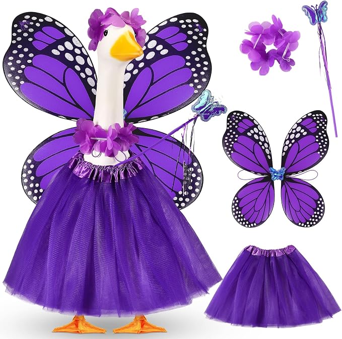 5pcs Butterfly Porch Goose Outfit Costume Tutu Skirt Butterfly Wing Wand Flower Crown for 17‘' 23‘' Cement Goose