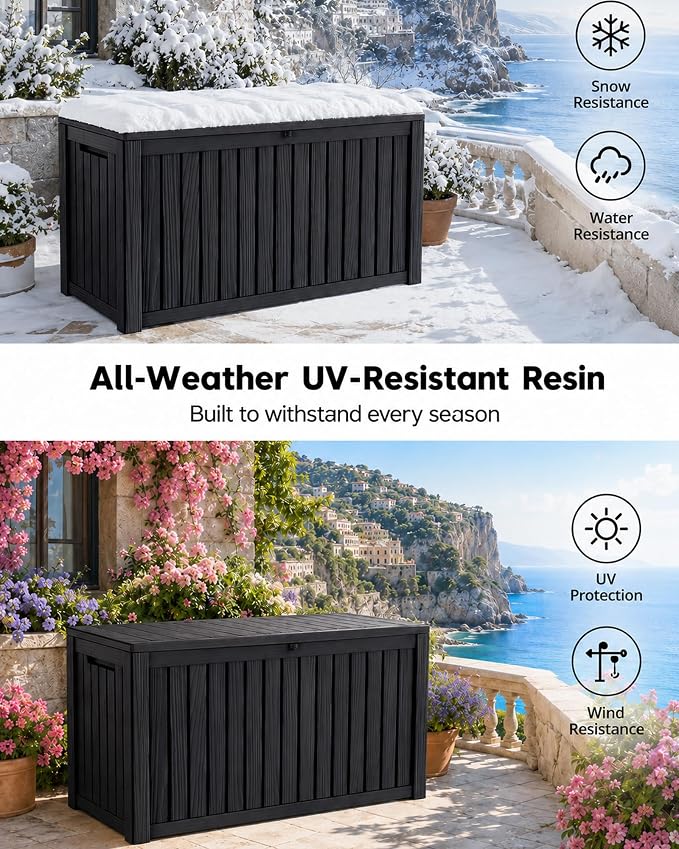 MAKINO 205 Gallon Large Waterproof Deck Box, Heavy Duty Resin Outdoor Storage Box, Outdoor Storage Bench with Hydraulic Rod for Patio Furniture/Cushions/Garden Tools/Backyard/Pool Accessories, Black