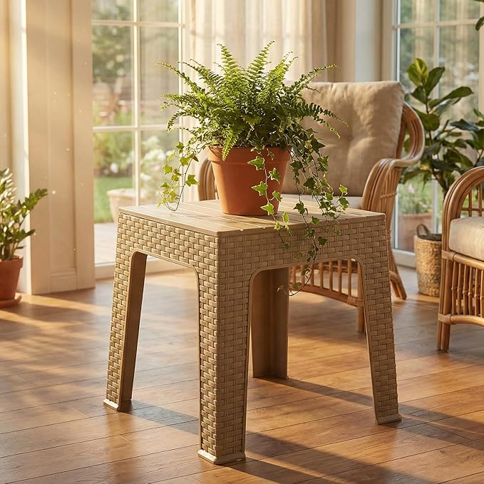 Sunnydaze Adirondack Small Outdoor Side Table for Balcony Essentials - Plastic Square End Table for Outside Patio - Set of 4 - Beige