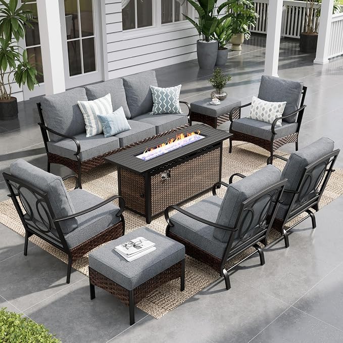 Sophia & William Patio Furniture Set with 56" Fire Pit Table, 9 Seats Metal Frame Outdoor Conversation Sets Wicker Patio Sectional Sofa Set with Ottomans for Porch, Deck, Poolside, Grey