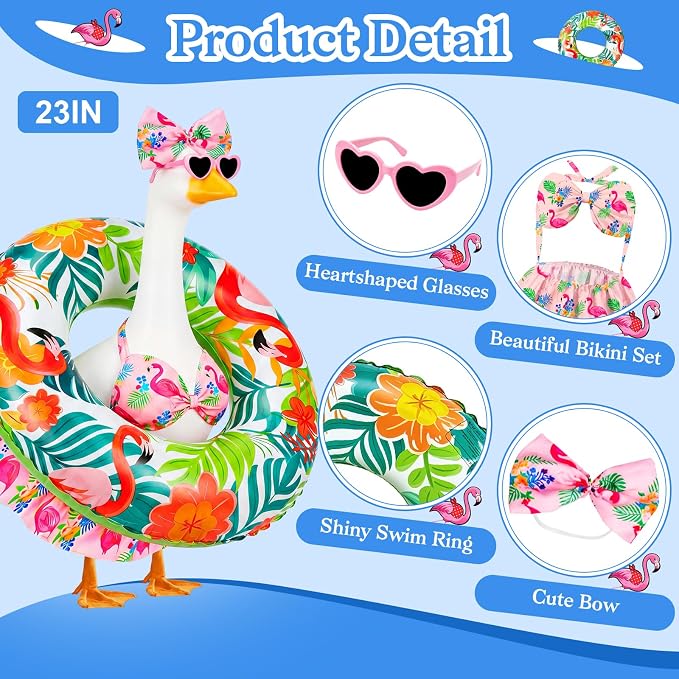 23 in Porch Goose Summer Outfit Bikini, Hawaiian Porch Goose Swimsuit Clothes Costume Accessories with Bow Glasses Swim Ring for 23" Summer Goose Garden Patio Statue Decor (Flamingos)