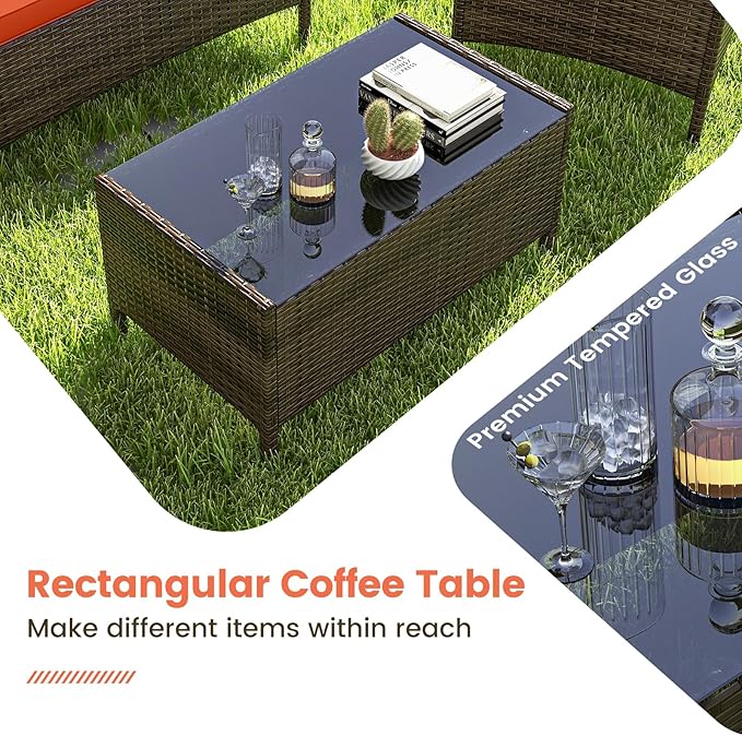 RELAX4LIFE 4-Piece Patio Furniture Set - Rattan Outdoor Conversation Bistro Set w/Cushions, Glass Coffee Table, Wicker Chairs & Loveseat for Garden Backyard Porch, Balcony Furniture Set (1, Orange)