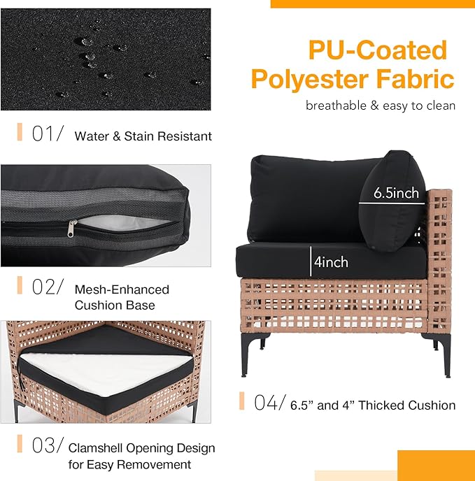 Patiorama 7 Piece Wicker Patio Furniture Set, Natural-Colored PE Rattan Outdoor Conversation Set Sectional Sofa with Water Resistant Cushion and Glass Table, Outdoor Couch, Porch, Backyard-Black