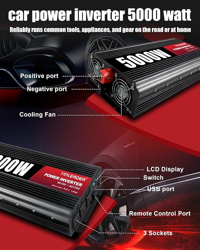 5000 Watt Power Inverter 12v to 110V/120V Converter Peak Power 10000W with 3 AC Outlets,1 USB Port, Remote Controller & LCD Screen DC to AC Inverter for RV Camping Off-Grid Solar Inverter Systems
