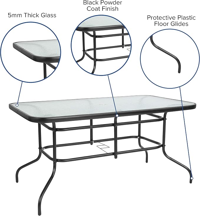 Flash Furniture Tory 31.5" x 55" Rectangular Tempered Glass Metal Patio Table with Umbrella Hole, Modern Rippled Glass Outdoor Dining Table, Black