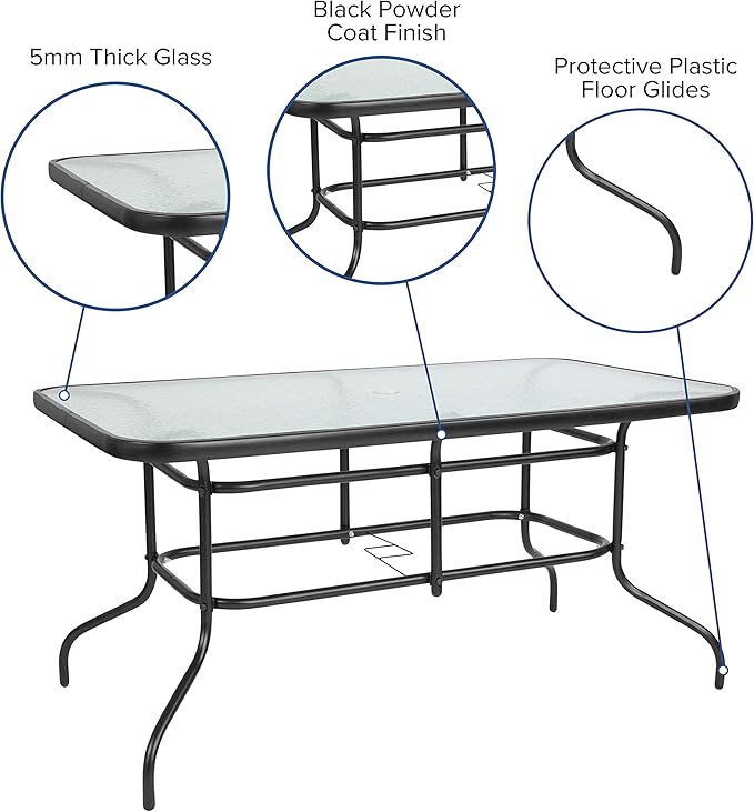 Flash Furniture Lila 7-Piece Glass Patio Table and Chairs Set, Outdoor Patio Dining Set with Rectangular Table and 6 Slat Back Patio Chairs, Black