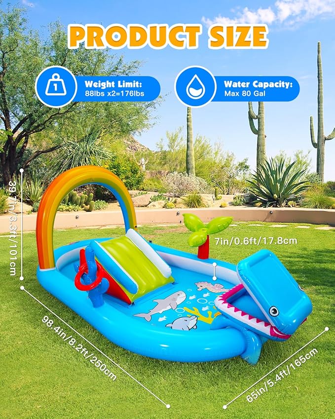 Whubefy Inflatable Kids Play Center Outdoor/Indoor 98 × 64 × 39 in Kid Pool Slide, with Water Sprayer, Waterfall, and Ocean Ball, Multicolor (with Blower)