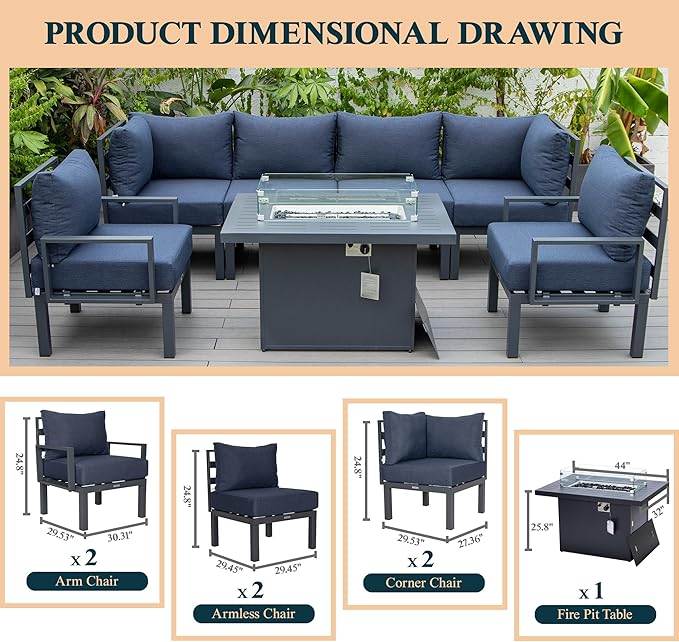 LeisureMod 7-Piece Outdoor Patio Conversation Set with Aluminum Sectional & Cushions, Propane Fire Pit Table with Black Stones, Wind Glass & Lid, Black