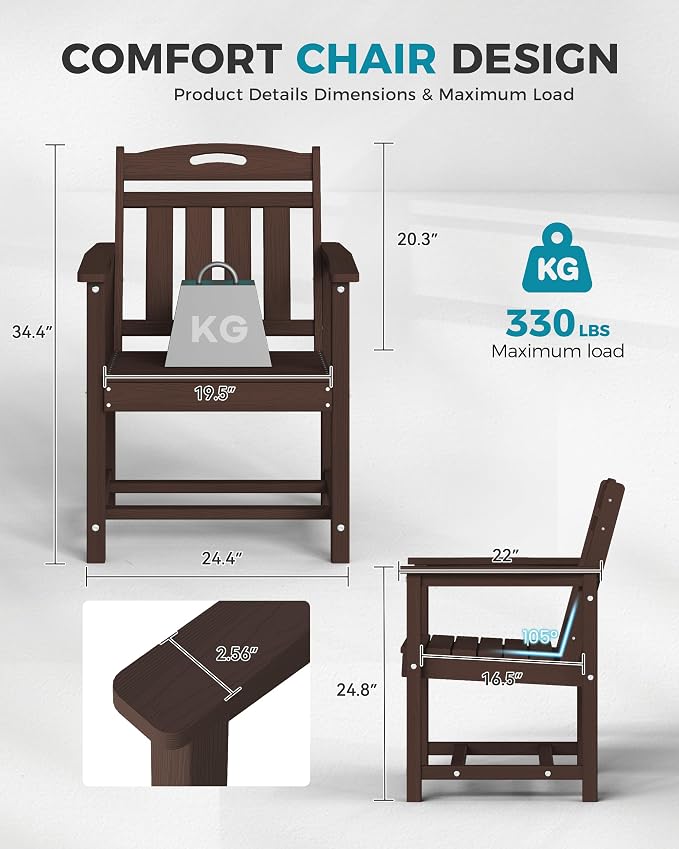 Ciokea HDPE Outdoor Patio Dining Chairs Set of 2, All-Weather Porch Chair with Wide Seat, Durable Outdoor Furniture for Backyard, Garden, Lawn & Poolside, Brown