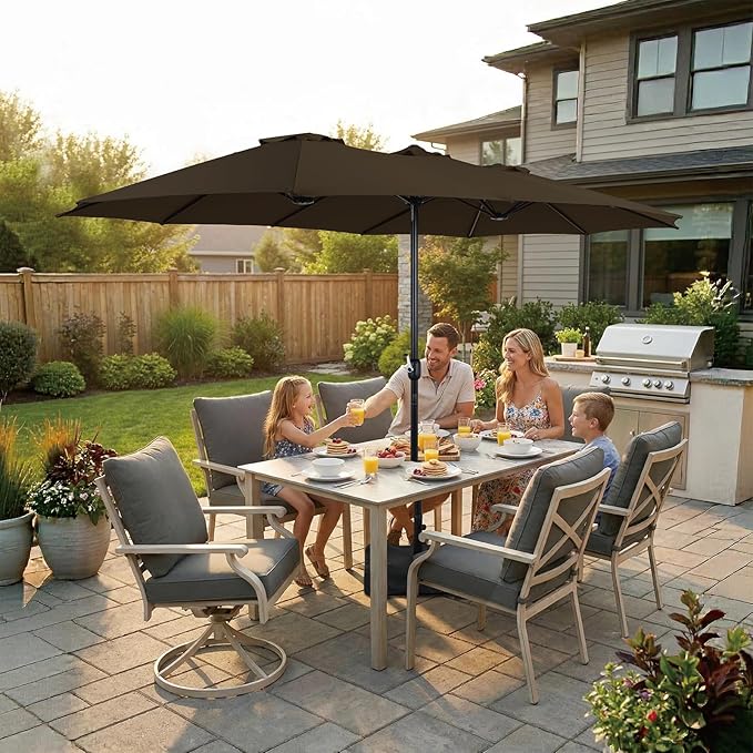 15FT Extra Large Patio Umbrella with Base Included, Heavy Duty Rectangle Outdoor Market Umbrella with 12 Strong Ribs for Patio, Garden, Lawn, Deck & Pool