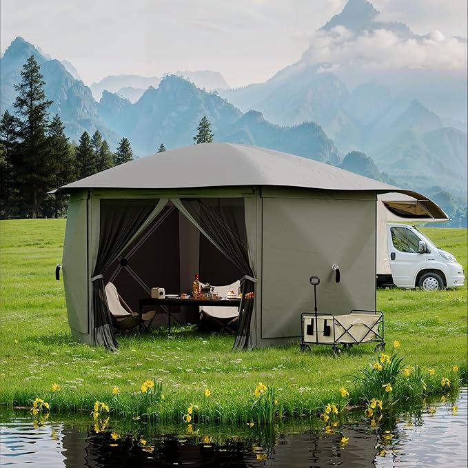 GarveeLife 11.5x11.5FT 6-Sided Pop Up Gazebo Tent，One-Push Setup Canopy Tent with Mesh Panels & Removable Wind Cloths, Outdoor shelter for Camping, Backyard Parties, Outdoor Events - Grey