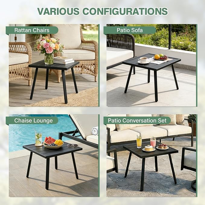 COOS BAY Urban Oasis Metal Patio Table, Small Square Side Table, Weather-Resistant Modern Outdoor Furniture, Black