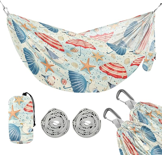 Camping Hammock Outdoor Hammocks for Outside Seashells Starfish Seagulls Beach Trees Portable Lightweight with Pockets Tree Straps Indoor