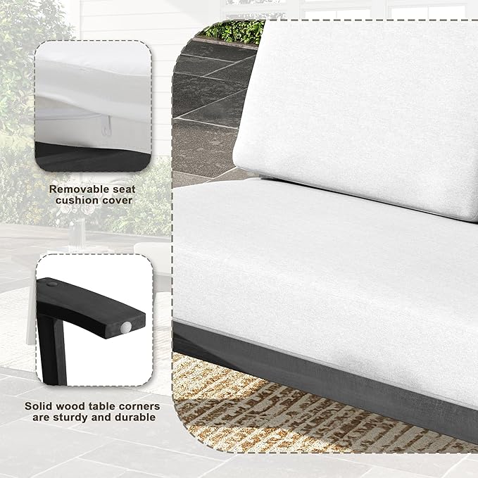 UIXE Black Wood Patio Furniture Sets, 3 Pieces All Weather Patio Loveseat Sofa Outdoor Sectional Futniture Backyard Conversation Set with Solid Wooden Coffee Table - Beige
