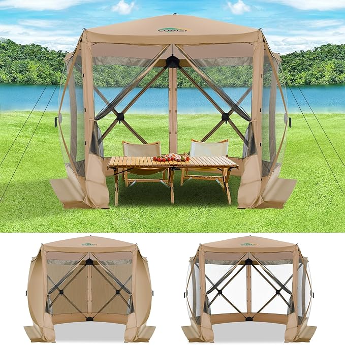 COBIZI 10x10 FT Pop up Gazebo, Popup Canopy tent,Screened In Gazebos with sidewalls, Waterproof Portable Outdoor Small Screen tents Sun Shelter,carpas para patio for Camping, Garden and Backyard,Khaki