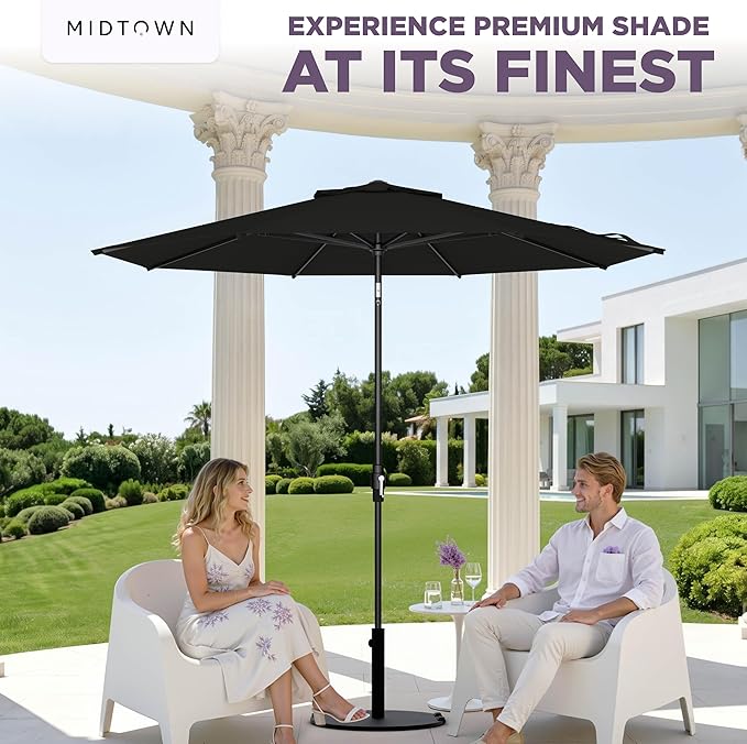 Midtown Umbrellas 10 Feet Aluminum Patio Umbrella With Fiberglass Ribs In Sunbrella Black - Auto-Tilt And 360 Degrees Swivel For Optimal Shade