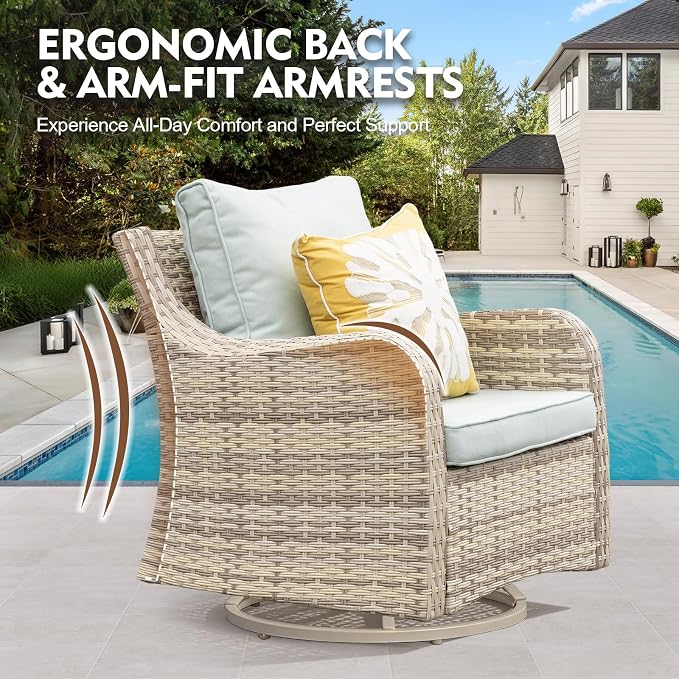 MEISSALIVVE Patio Furniture Set with Swivel Rocking Chairs, 10 Pieces Patio Conversation Set, Outdoor Wicker Sofa Couch with Waterproof Cushions for Lawn Backyard Porch (Blue)