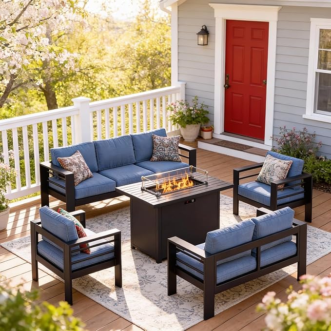 Outdoor Conversation Sets, Aluminum Patio Couch with Propane Fire Pit Table, All-Weather Patio Couch with 5" Thick Soft Cushion and 43'' Firepit Table, Outdoor Sofa Sets for Balcony, Porch, Dark Blue