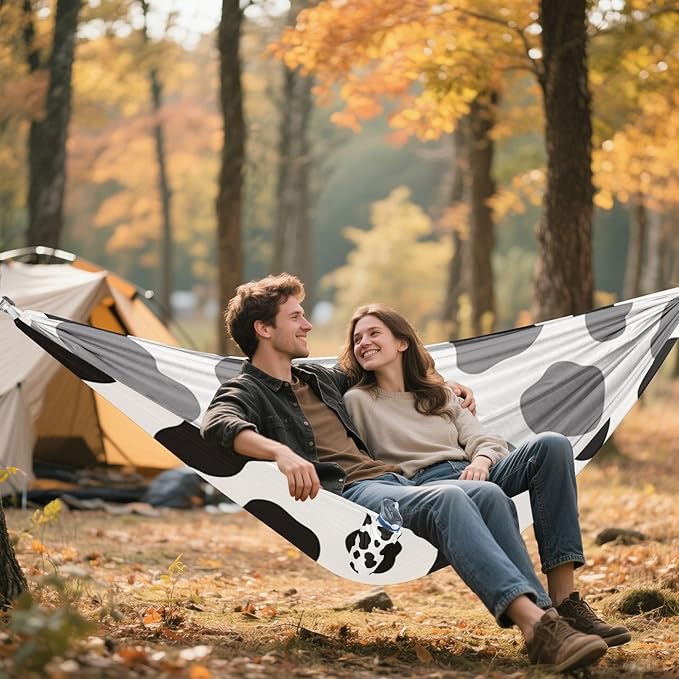 Cow Print Black White 330lb Capacity Camping Hammock with Tree Straps Backyard Hammock for Outside Patio Garden Bases para hamacas para adultos