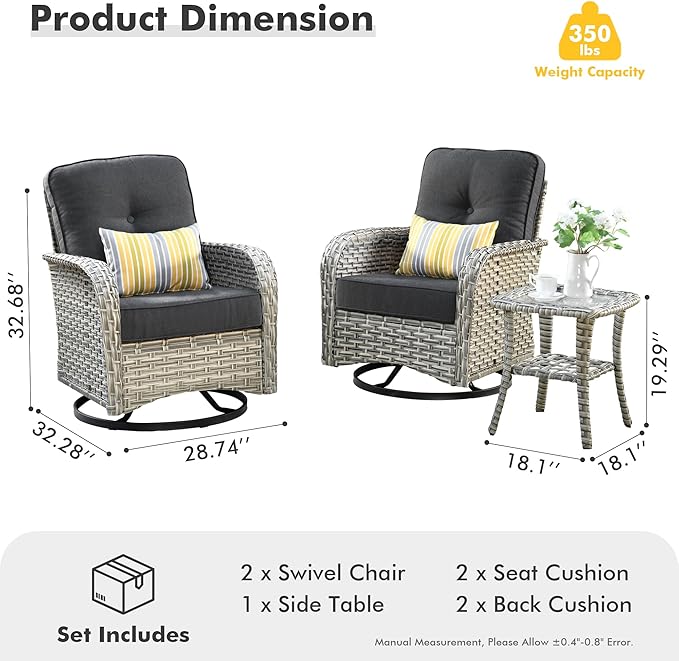 Outdoor Swivel Rocker Patio Chairs with Side Table,Wicker Swivel Rocking Chair Set of 2,3PCS High Back Wicker Patio Furniture Set Glider Chairs for Porch, Balcony, Deck and Yard,Black