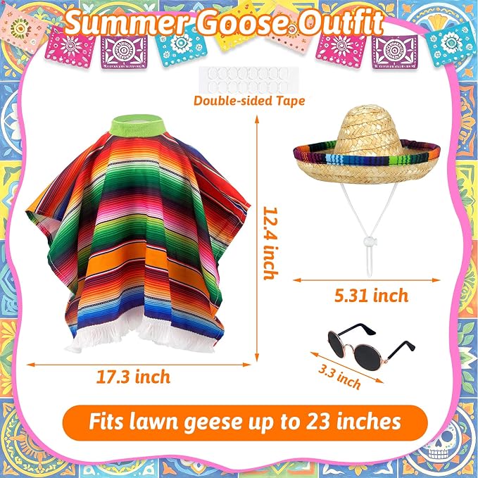 Cinco De Mayo Porch Goose Outfits, Mexican Outfit Fits 17 23 Inch Statue | Summer Goose Clothes with Hat, Serape Striped Poncho and Sunglasses for Outdoor Garden Yard Lawn Patio Decor