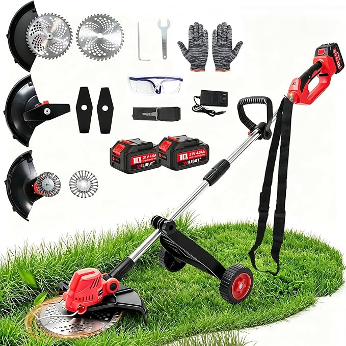 Electric Weed Wacker with Wheel, 3-in-1 Brushless Brush Cutter/String Trimmer/Grass Trimmer/Lawn Mower, 12" Cordless Weed Eater Battery Powered, 2 * 4000mAh Battery, 4 Blade and Charger