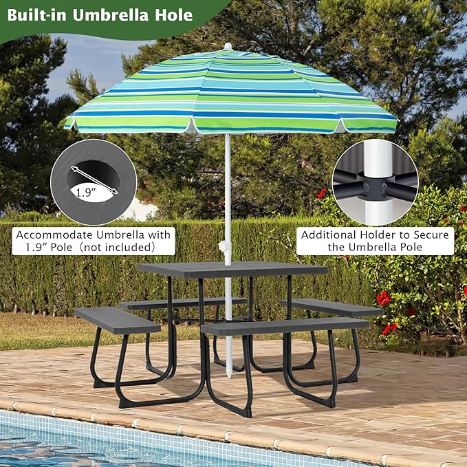 Giantex Picnic Table Bench Set for 8 Persons, Square Outdoor Table with Umbrella Hole, HDPE Top & Metal Frame, 2000LBS Capacity, Patio Table Bench Set for Deck Backyard Garden, Black