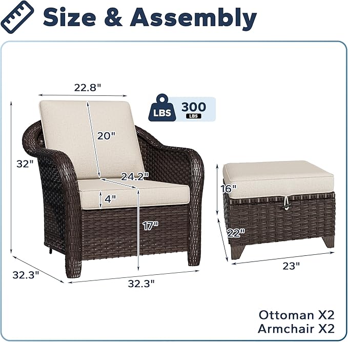 4 Pieces Patio Outdoor Conversation Furniture Set with Cushions, All-Weather Wicker Ottomans, PE Rattan 2 Chairs for Backyard, Deck, Lawn (Beige)