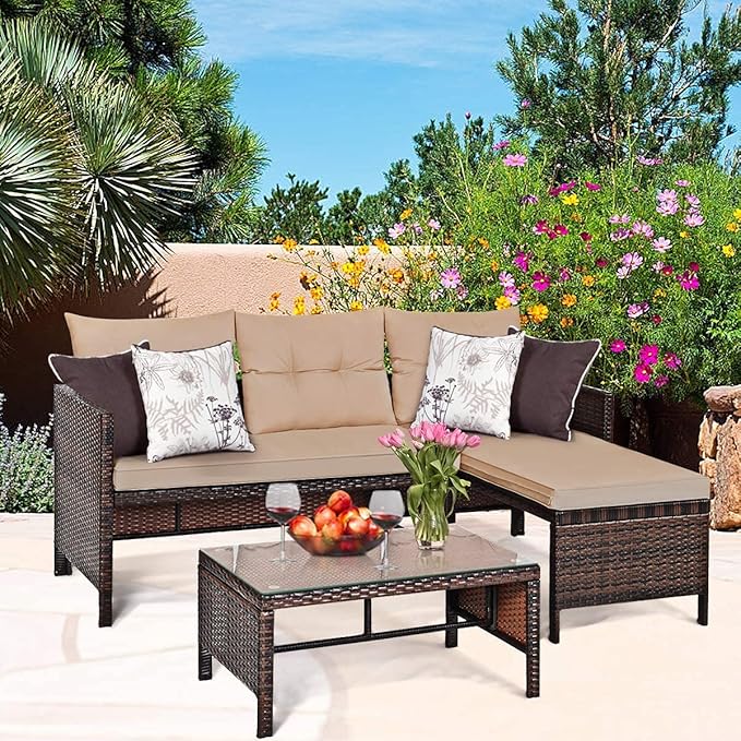Fireflowery 3-Piece Outdoor Rattan Sectional Sofa Set, Patio Wicker Rattan Conversation Furniture Set, Steel Frame & Seat Cushion, Perfect for Garden Lawn Pool Backyard (Brown)