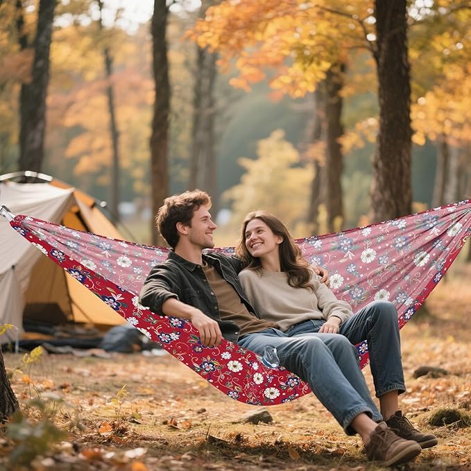 Red Flowers Traditional Style Hammocks with Hanging Rope Rope Hammock for Outside Patio Garden