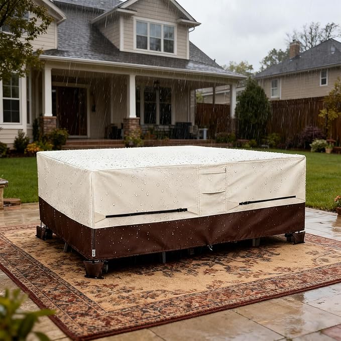 Patio Furniture Covers,Outdoor Furniture Cover Waterproof,600D Rectangular Patio Heavy Duty Table Cover,Outdoor Dining Table and Chair General Purpose Furniture Covers 76"L x 54"W x 28"H-Beige