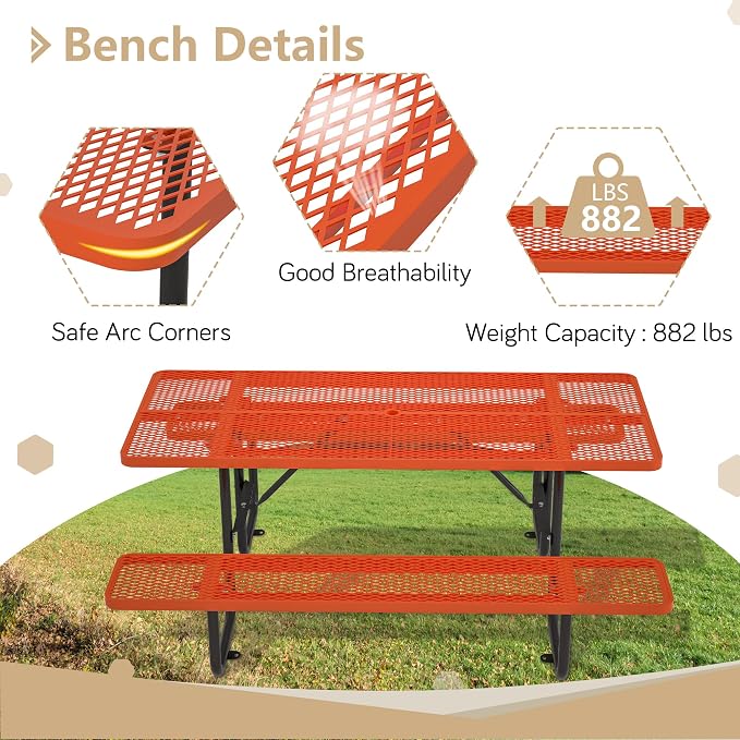 Coated Steel Heavy Duty Picnic Table for Outdoors 2200 lbs Load, Rectangular Camping Table with 1.78" Umbrella Hole, Commercial Picnic Table with Benches, Orange