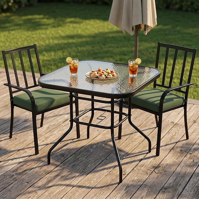 31.5" Square Outdoor Dining Table, Toughened Glass Patio Table with Umbrella Hole for Yard and Garden
