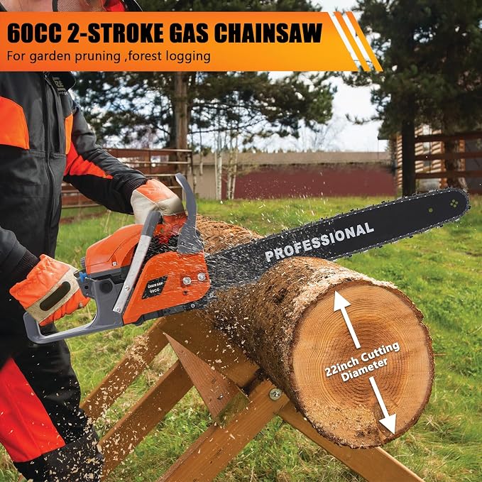 60CC 2-Cycle Gas Powered Chainsaw, 2.8KW Gasoline Chain Saw Cordless, 22Inch Gas Chainsaw Handheld for Wood Cutting and Garden Pruning