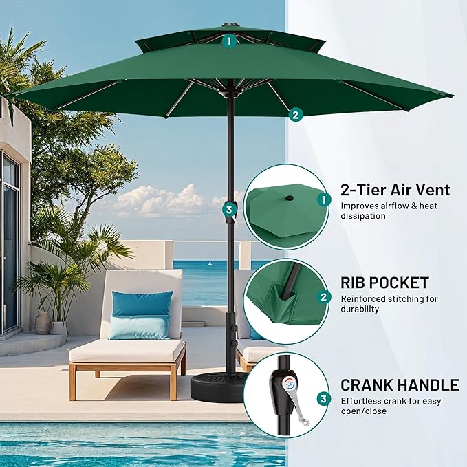 AreShark 12ft 2 Tiers Patio Umbrella - Outdoor Umbrella Waterproof UV Protection, Market Table Umbrella w/ 8 Sturdy Ribs&Crank for Pool, Porch, Garden(Dark Green)