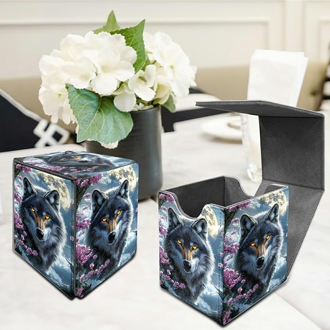 Cherry Blossom Gray Wolf Card Deck Box for MTG, Personalized Card Storage Case Fits 120+ Sleeved Cards, Premium Leather TCG Box with Strong Magnetic Closure for Magic, PTCG, Baseball Cards