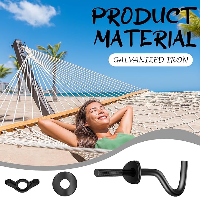 Gisafai 4 Packs Hammock Hooks Zinc Heavy Duty Replacement Hooks 3/8 Inch Portable Hammock Fit Column Diameters of 1-1/4 to 2 Inches Stand Accessories(Black)