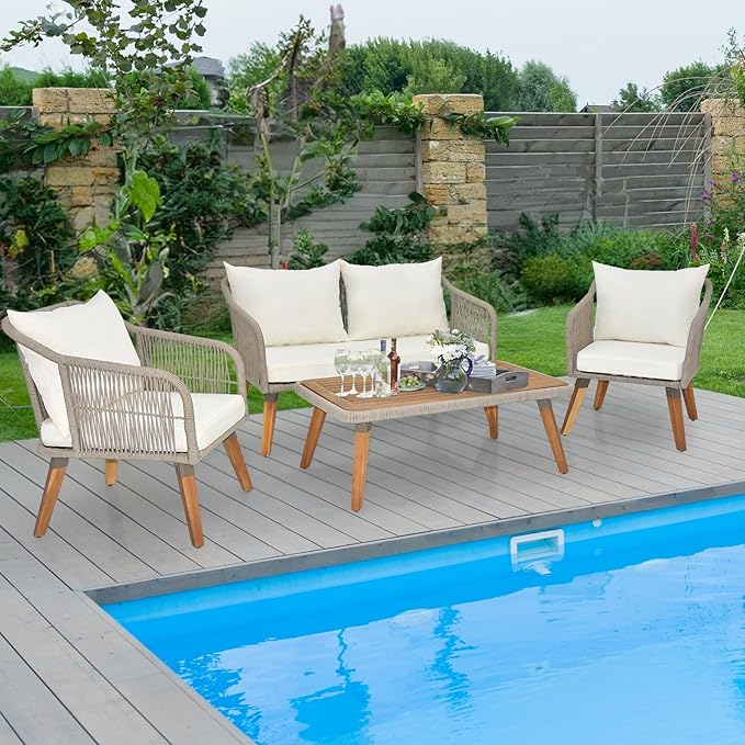 VINGLI 4 Pieces Outdoor Patio Furniture Set with Acacia Wood Table, Wicker Conversation Sofa Sets for Balcony, Porch or Backyard