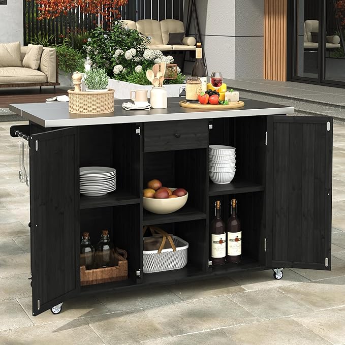 Outdoor Kitchen Island Fir Wood Kitchen Island with Stainless Steel Top,Ample Storage Space, Towel and Spice Racks and a Bottle Opener for Outdoor (Black@53)