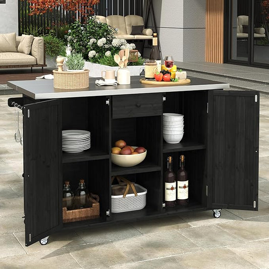 Outdoor Kitchen Island Fir Wood Kitchen Island with Stainless Steel Top,Ample Storage Space, Towel and Spice Racks and a Bottle Opener for Outdoor (Black@53)