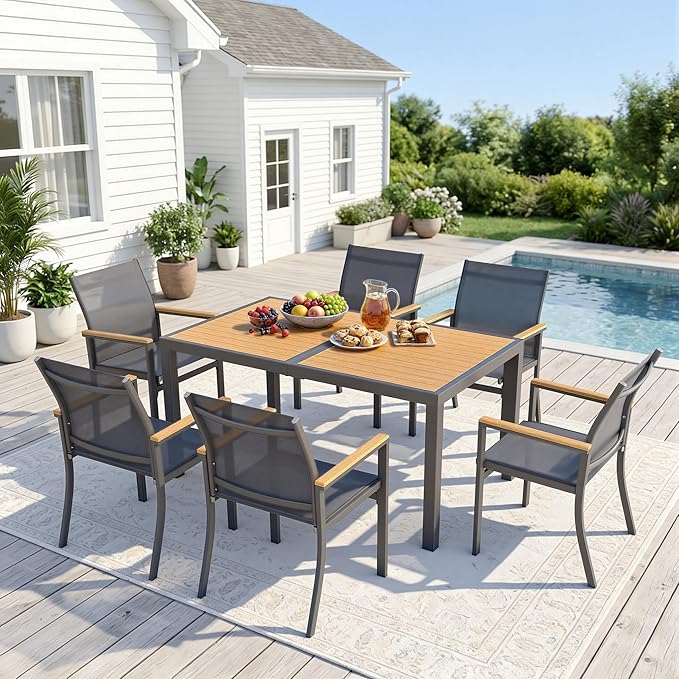 7-Pieces Aluminum Patio Table and Chairs Set, Outdoor Patio Furniture Set with Heavy Duty HDPS Rectangular Table, All-Weather Outdoor Dining Set with Breathable Quick-Drying Textilene Chairs