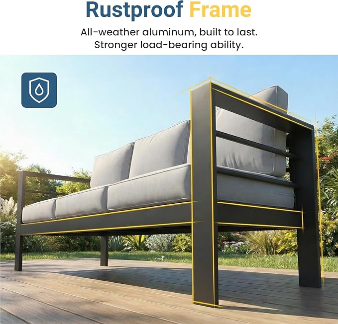 Wisteria Lane Aluminum Patio Furniture Set for All Weather, Oversized Metal Outdoor Furniture Set with 27.5" Deep Seat and 10" Back Cushion, Patio Conversation Sets with Wide armrest, Light Grey