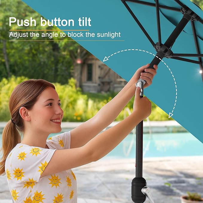 Square Patio Umbrella With Solar Lights, 6.5x6.5ft Square Umbrella Outdoor Patio with Tilt and Crank for Pool, Deck, Garden,Backyard