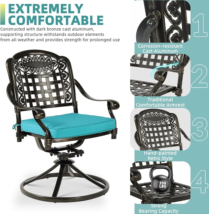 MEETWARM 7-Piece Outdoor Patio Dining Set, All-Weather Cast Aluminum Patio Conversation Set with 4 Stationary, 2 Swivel Rocker Chairs, 1 Rectangular Table, 6 Cushions, 2" Umbrella Hole, Ocean Blue