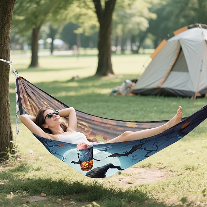 Hammocks for Outside Glowing Carved Jack-o-Lanterns Camping Hammock Portable Hammocks with Tree Straps and Carry Bag Camping Accessories for Hiking Beach Outdoor