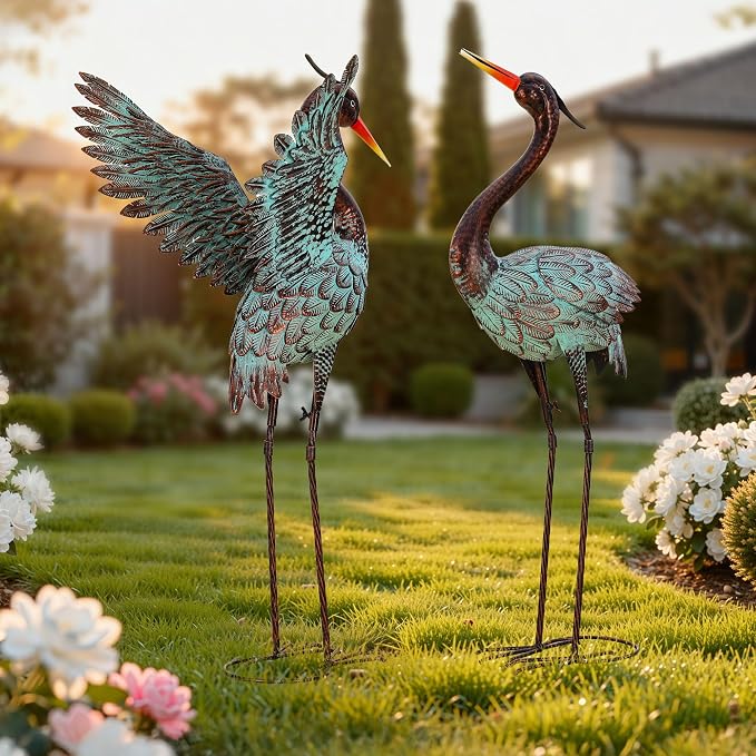 36.8" Blue Heron Decor, Metal Crane Statue Handcrafted | Extra-Large Garden Bird Animal Yard Art, Lawn Ornament Decor, Stable U-Ground Stakes, Backyard Decoration