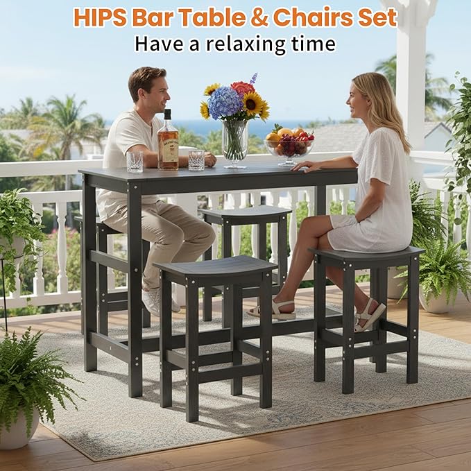 5Pcs HIPS Outdoor Bar Set, Weatherproof Patio Bar Table and Chairs Set for Outside, 55" Rectangular High Top Bar Table with 4 Bar Stools for Patio, Poolside, Balcony, Hot Tub, Black